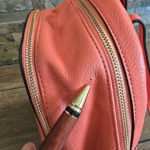 MICHAEL KORS RHEA MEDIUM ZIP Pebbled LEATHER BACKPACK Coral GOLD Hardware READ - Picture 4 of 12